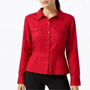 ALICE BLUE 100% Linen Red Button Front Long Sleeve Shirt Chest Pockets Sz XXL